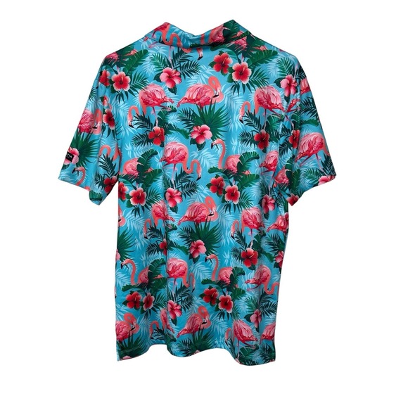 Yatta Polo Golf Shirt Mens MEDIUM Pau Hana Blue Performance Flamingo Hawaiian - Picture 5 of 7